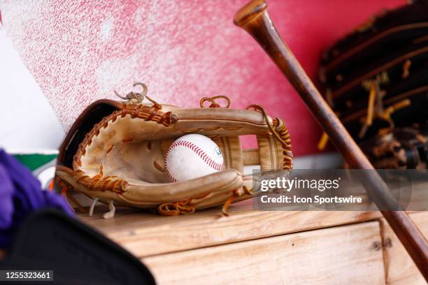 Glove, ball and a bat sit on the bench during a college baseball game between the Evansville Purple Aces Purple Aces and the Indiana Hoosiers on May...