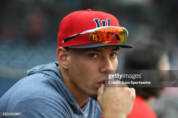 Worcester Red Sox infielder Edwin Diaz looks on from the dugout during a AAA MiLB game between the Lehigh Valley IronPigs and the Worcester Red Sox...