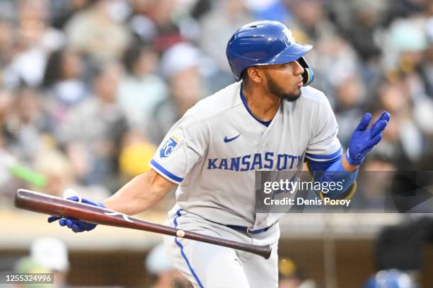 Edward Olivares of the Kansas City Royals hits a single during the first inning of a baseball game against the San Diego Padres May 16 2023 at Petco...