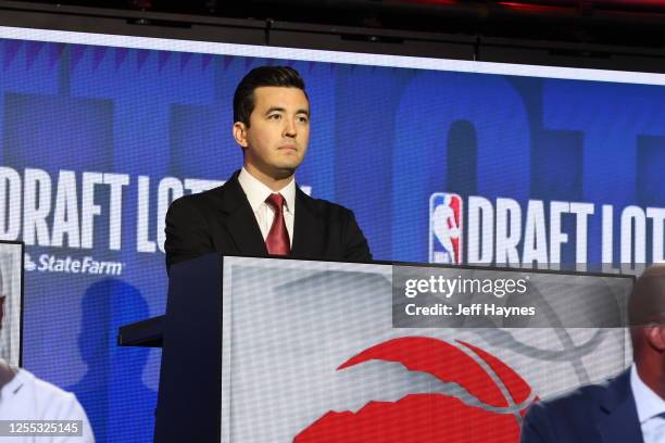 General Manager Bobby Webster represents the Toronto Raptors during the 2023 NBA Draft Lottery at McCormick Place on May 16, 2023 in Chicago,...