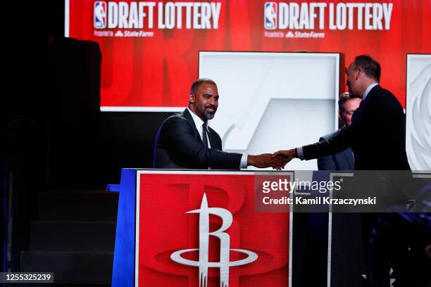 Head Coach Ime Udoka of the Houston Rockets accepts the 4th Pick of the 2023 NBA Draft Lottery at McCormick Place on May 16, 2023 in Chicago,...