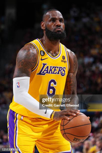 LeBron James of the Los Angeles Lakers shoots a free throw during Round 3 Game 1 of the Western Conference Finals 2023 NBA Playoffs against the...