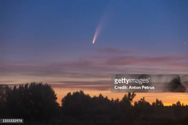 comet neowise c/2020 f3 at misty sunrise - meteor stockfoto's en -beelden