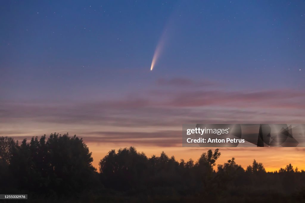 Comet Neowise C/2020 F3 at misty sunrise