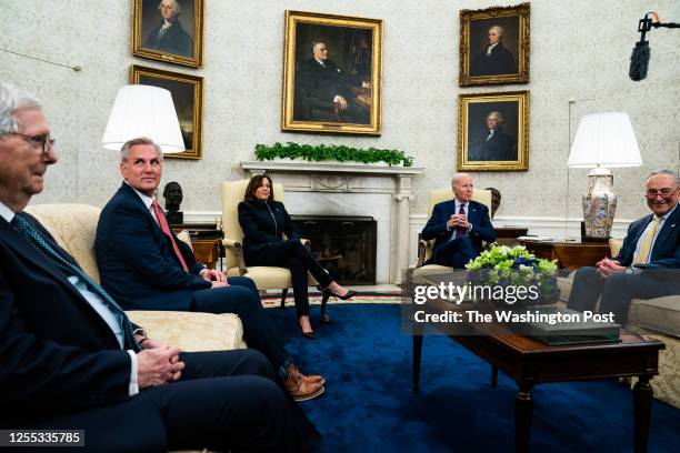 May 16, 2023: US President Joe Biden and Vice President Kamala Harris meet with House Speaker Kevin McCarthy, Minority Leader Mitch McConnell, and...