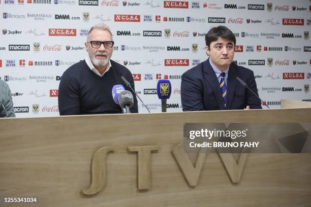 S head coach Thorsten Fink and STVV's sport director Andre Pinto pictured during a press conference of STVV Sint-Truidense VV to present their new...