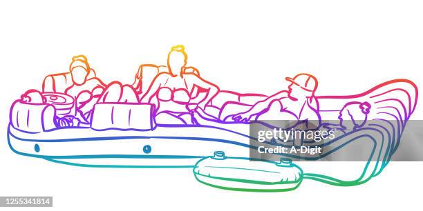 vacation group float rainbow - pool raft stock illustrations