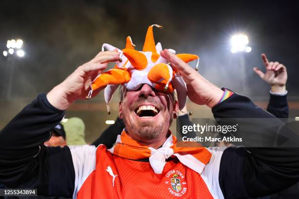 Luton Town fan celebrates after the win during the Sky Bet Championship Play-Off Semi-Final Second Leg match between Luton Town v Sunderland at...