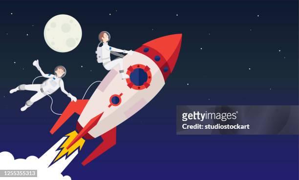 raketen und astronauten im all - orbit stock-grafiken, -clipart, -cartoons und -symbole