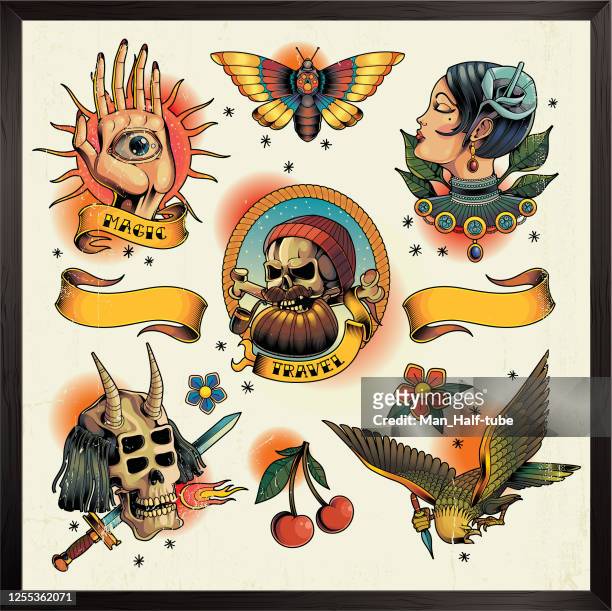 bildbanksillustrationer, clip art samt tecknat material och ikoner med old school tatueringar - hawk moth