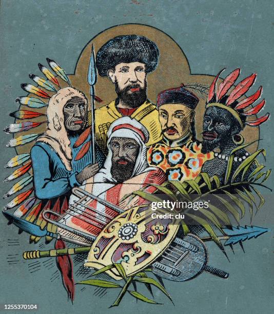 five different ethnicities - indian tribe stock illustrations