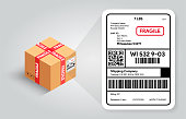 Shipping label on cardboard box template. Barcode and qr code for scanning. Postal Fragile sign and Scotch tape. Real life mockup. Cargo sticker with adress. Vector illustration banner design.