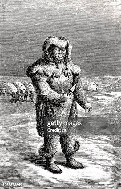 inuit wife, standing outdoor, full length, with an arrow weapon in her hand - icelandic woman stock illustrations