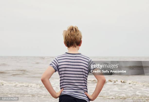 child at the beach looking out to sea - back of heads stock pictures, royalty-free photos & images