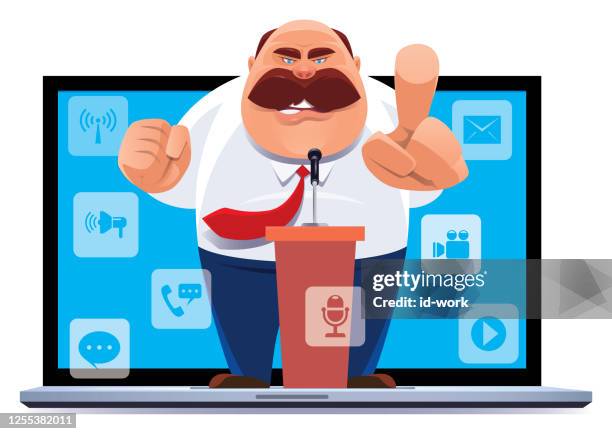 boss delivering speech via laptop - older man using computer stock illustrations