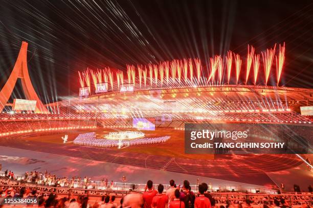 Fireworks explode during the closing ceremony of the 32nd Southeast Asian Games at Morodok Techo National Stadium in Phnom Penh on May 17, 2023.