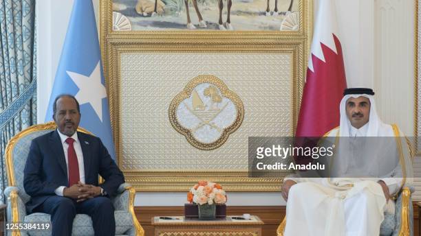 The Emir of Qatar Sheikh Tamim Bin Hamad Al Thani meets with President of Somalia Hassan Sheikh Mohamud in Doha, Qatar on May 17, 2023.
