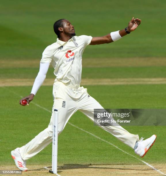 Jofra Archer of England bowls during Day Three of the 1st #RaiseTheBat Test Series between England and The West Indies at The Ageas Bowl on July 10,...