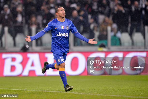 Carlos Tevez of Juventus celebrates after scoring his team's fourth goal during the Serie A match between Juventus FC and Parma FC at Juventus Arena...