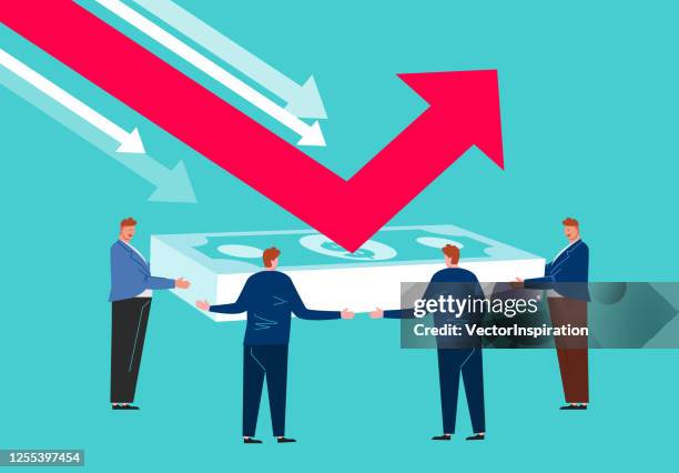 financial rebound, businessmen holding a bundle of banknotes rebounding falling arrow - business recovery stock illustrations