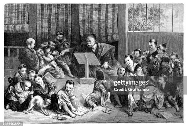 teacher teaching in japanese school 1876 - rural school stock illustrations