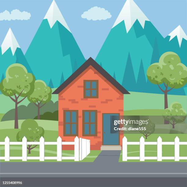 small red home on a country road in the mountains - suburban sidewalk stock illustrations