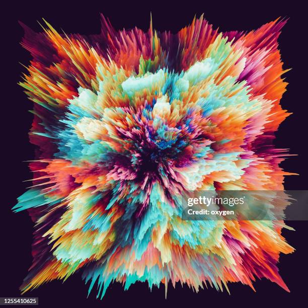 radial colored powder explosion speed motion abstract on black background - everything orange stock-fotos und bilder