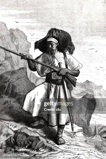 berber man from the kabylen holding rifle, in the mountain - different path stock illustrations