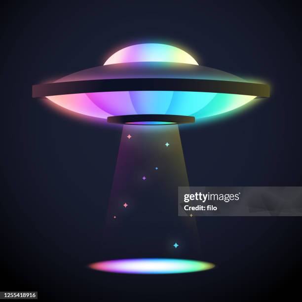 stockillustraties, clipart, cartoons en iconen met regenboog ufo lichtstraal - science et technologie