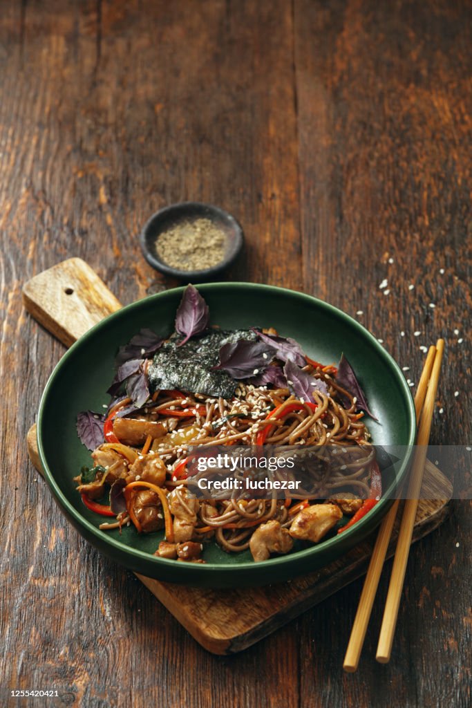 Japanese Yakisoba noodles with chicken and vegetables