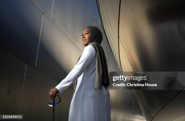 Fencer Ibtihaj Muhammad is photographed for Los Angeles Times on September 25, 2019 at Disney Hall in Los Angeles, California. PUBLISHED IMAGE....