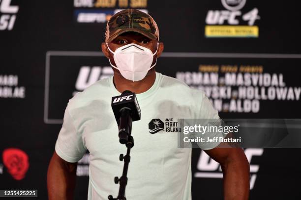 Kamaru Usman of Nigeria interacts with media after the UFC 251 official weigh-in inside Flash Forum at UFC Fight Island on July 10, 2020 on Yas...