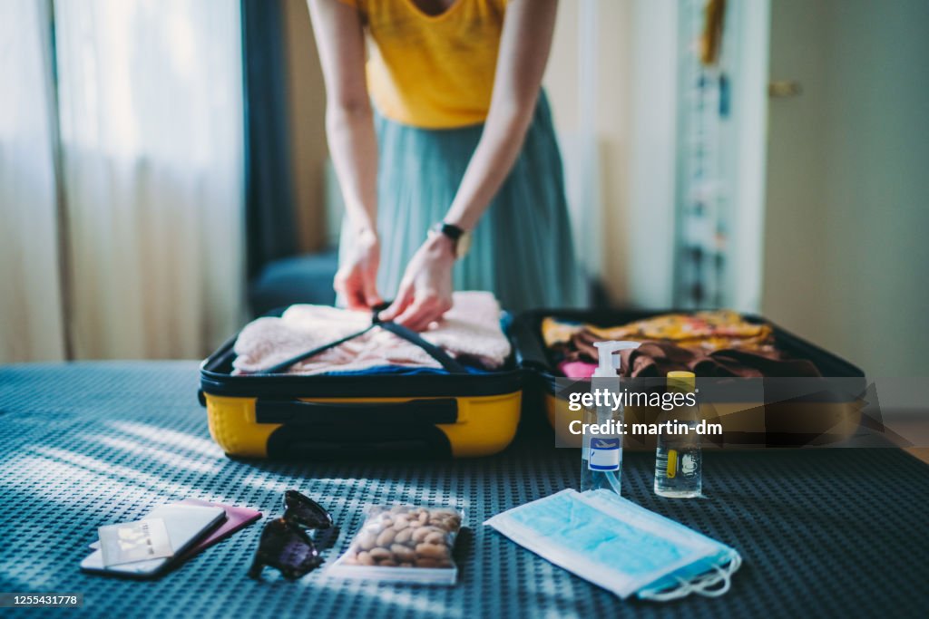 Suitcase packing for travel, COVID-19