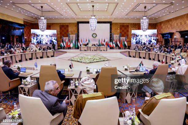 Delegates attend the Arab Foreign Ministers Preparatory Meeting ahead of the 32nd Arab League Summit in Jeddah on May 17, 2023.