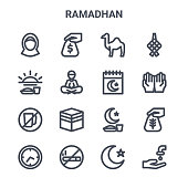 set of 16 ramadhan concept vector line icons. 64x64 thin stroke icons such as zakat, fasting, praying, fasting, no smoking, wudhu, islam, calendar, ketupat