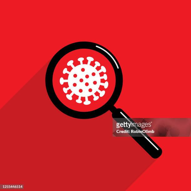 ilustraciones, imágenes clip art, dibujos animados e iconos de stock de lupa coronavirus icono rojo - magnifying glass