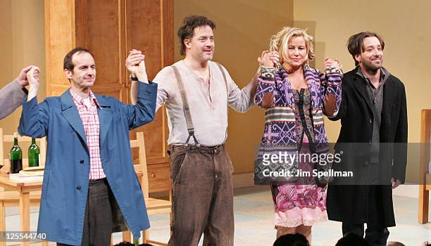 Actors Denis O'Hare, Brendan Fraser, Jennifer Coolidge and Jeremy Shamos attend the Broadway opening night of "Elling" at the Ethel Barrymore Theatre...