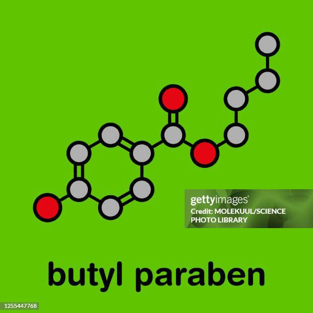 butyl paraben preservative molecule, illustration - cream stock illustrations