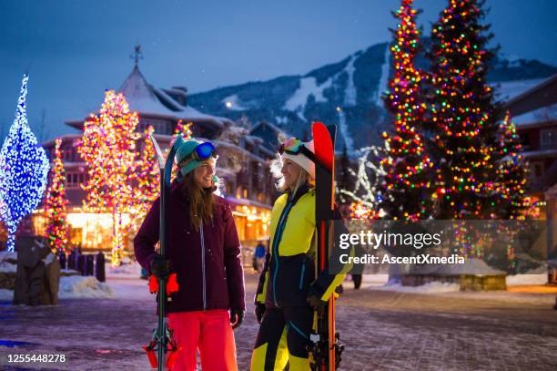 women on a ski vacation - canada christmas stock pictures, royalty-free photos & images