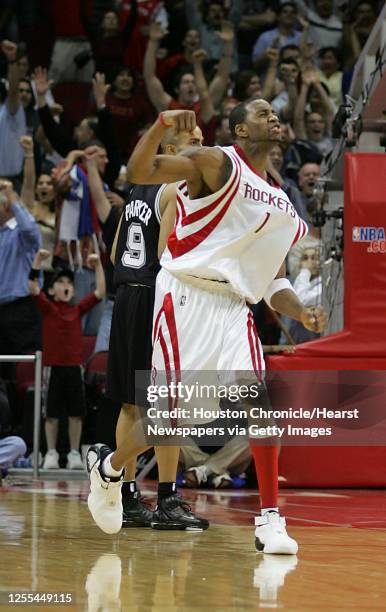 The Houston Rockets Tracy McGrady reacts after hitting the game winning shot to help the Rockets defeat the San Antonio Spurs 81-80 in Thursday's NBA...