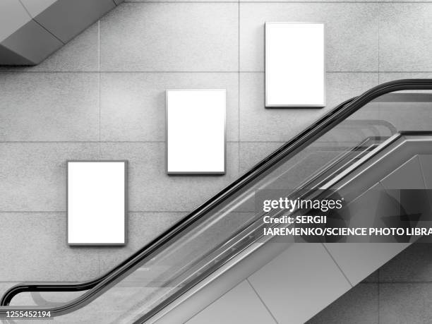 illustrazioni stock, clip art, cartoni animati e icone di tendenza di escalator and small billboards, illustration - station