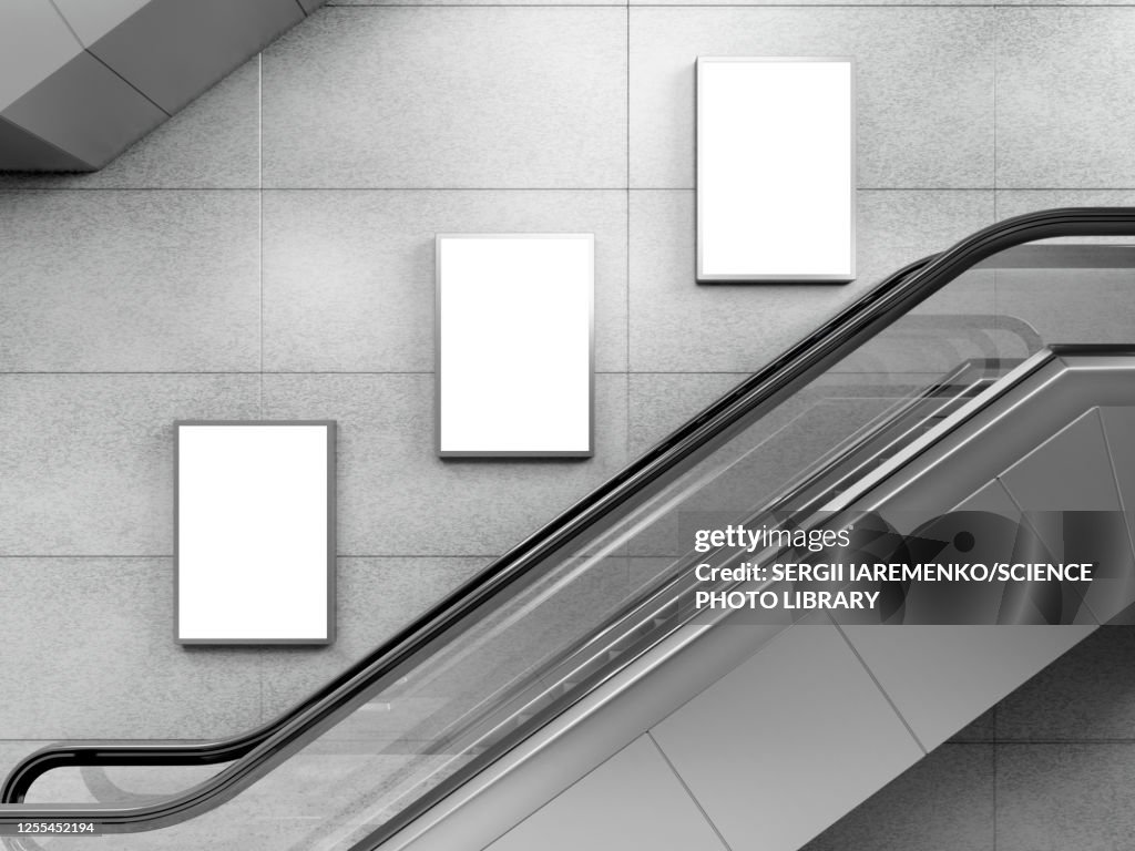 Escalator and small billboards, illustration