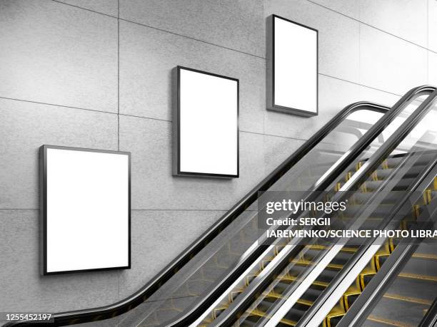 illustrations, cliparts, dessins animés et icônes de escalator and small billboards, illustration - shopping mall