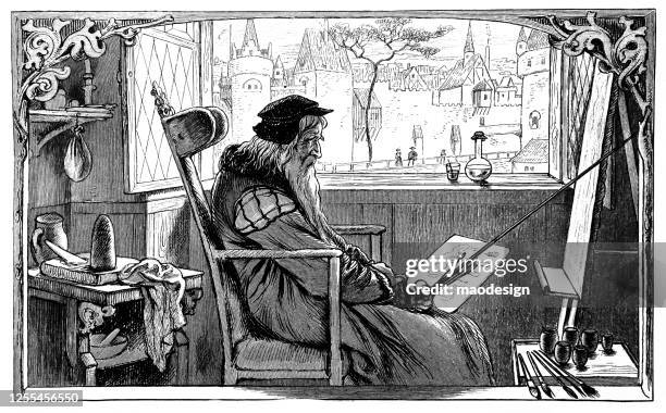 ilustraciones, imágenes clip art, dibujos animados e iconos de stock de leonardo da vinci en el trabajo - leonardo da vinci