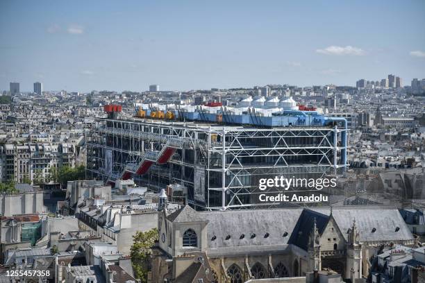 This photograph shows Centre Pompidou from the top of the historical monument listed at UNESCO World Heritage Site, the Saint-Jacques Tower in Paris,...