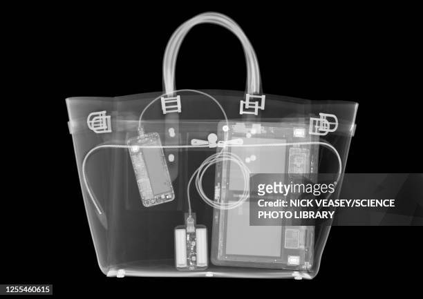 fashion handbag containing computer devices, x-ray - inside handbag stock pictures, royalty-free photos & images