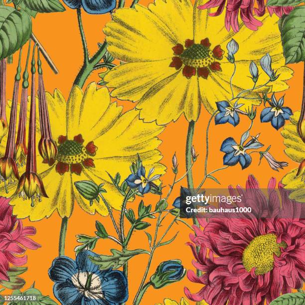 victorian botanical, hand-colored, seamless repeating pattern. realistic blooming isolated flowers vintage fabric background. beautiful cottage garden and wildflowers. wallpaper baroque. drawing engraving. victorian illustration. - victorian pattern stock illustrations