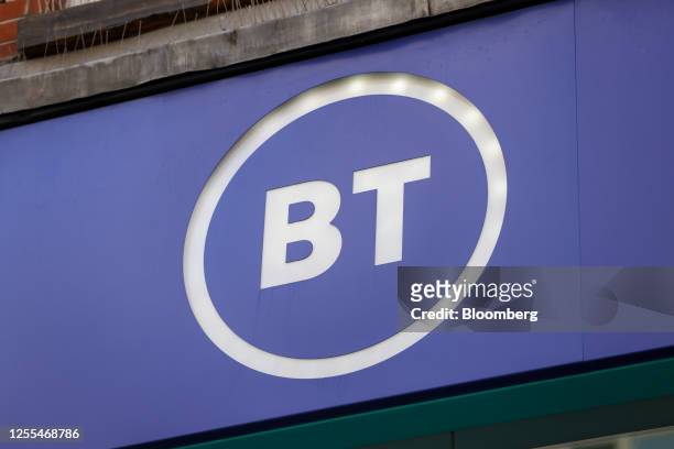 Group Plc logo on a store in London, UK, on Wednesday, May 17, 2023. The fiber storm buffeting telecom carriers shouldn't have prevented BT from...