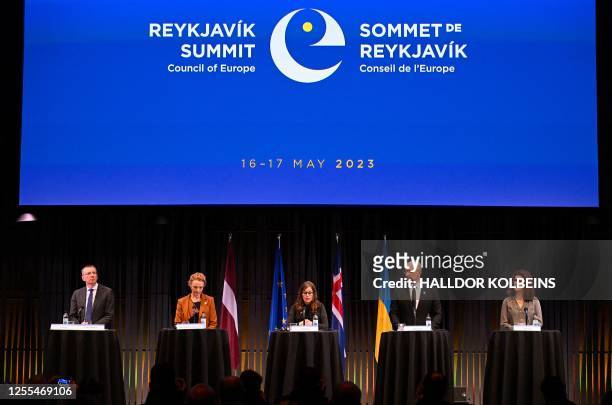 Latvian Foreign Minister Edgars Rinkevics, Secretary General of the Council of Europe Marija Pejcinovic Buric, Iceland's Prime Minister Katrin...