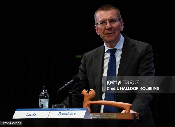 Latvian Foreign Minister Edgars Rinkevics addresses a joint press conference at the end the 4th Summit of the Heads of State and Government of the...